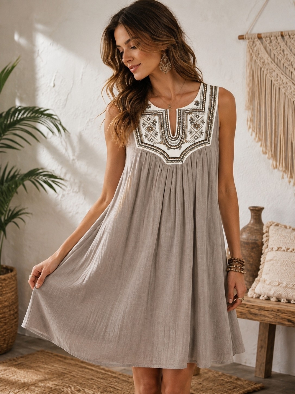 Luxology Taupe Sleeveless Embroidered Yoke Mini Dress